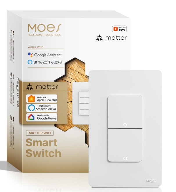 MOES Interruptores de luz dobles inteligentes, interruptor Matter-WiFi de 2 bandas de un solo polo, requiere cable netural, combo de interruptor de 2.4 GHz compatible con Alexa Google Assistant
