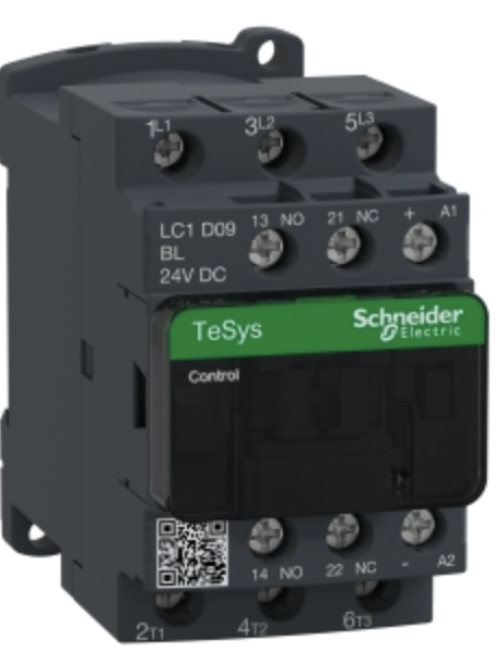 Contactor marca Schneider Electric Serie TeSys D; Amperaje 9A Polos 3 Potencia(kW) 4kW Potencia(HP) 5HP Bobina 24VDC Contacto Aux 1NO+1NC