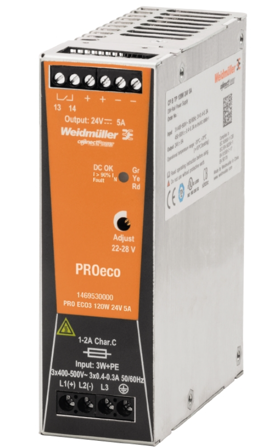Fuente de Alimentación marca Weidmüller Serie PRO ECO3; trifásica, Amperaje 5A Potencia 120W Voltaje de Salida 24VDC   