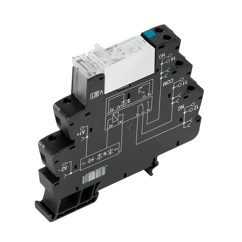 Relé de estado solido con base marca Weidmüller Serie TRS; Amperaje 16A, Bobina 230VAC/DC Contactos CO 1 Salida 250VAC/DC        