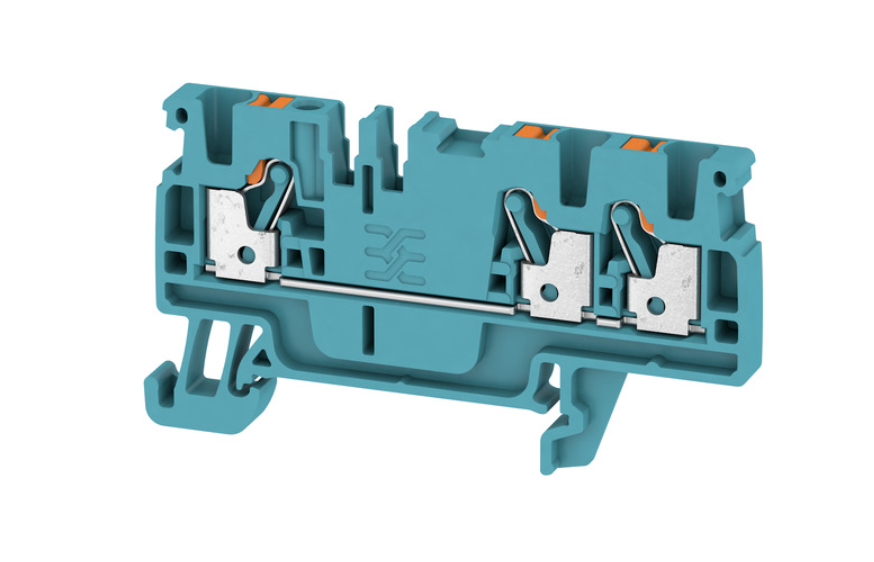 Bornera 2.5mm² marca Weidmüller Serie A3C 2.5; Amperaje 24A, Calibre 28-12AWG Nivel 1 Conexión push in, color azul