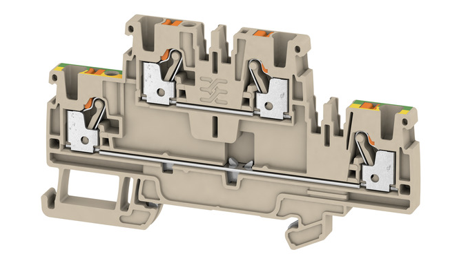 Bornera 2.5mm² marca Weidmüller Serie A2T 2.5; Amperaje 24A, Calibre 26-12AWG Nivel 2 con tierra Conexión push in, color beige