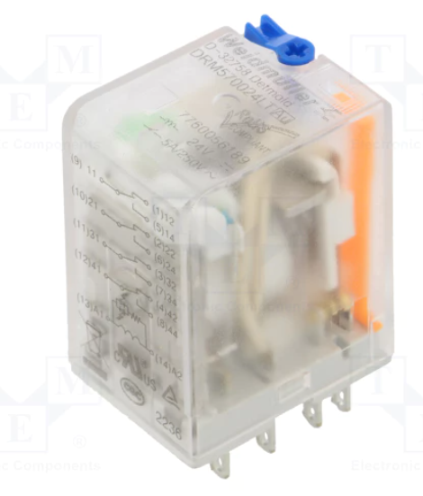 Relé de Control marca Weidmüller Serie DRM; 5A, Bobina 24VDC Contactos CO 4    