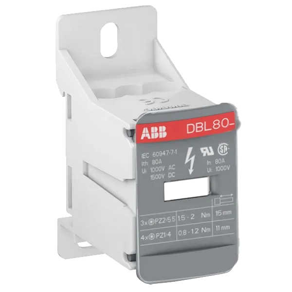 Bloque de Distribución marca ABB Serie DBL; Amperaje 80A Entrada 3X14-4AWG Salida 4X14-10AWG  
