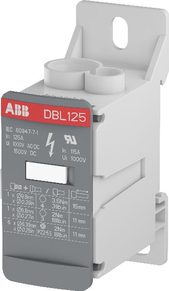 Bloque de Distribución marca ABB Serie DBL; Amperaje 125A Entrada 1X8-2AWG Salida 6X14-6AWG  