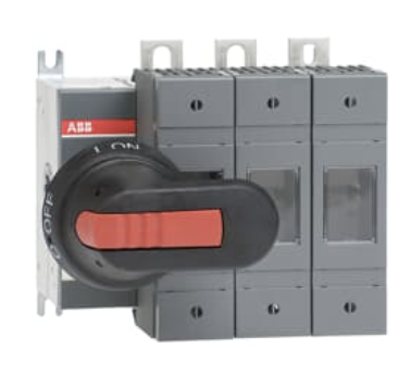 Interruptor-seccionador con fusible, 160 A, 3 polos, DIN 000/00, accionamiento frontal, incluye manilla y eje.