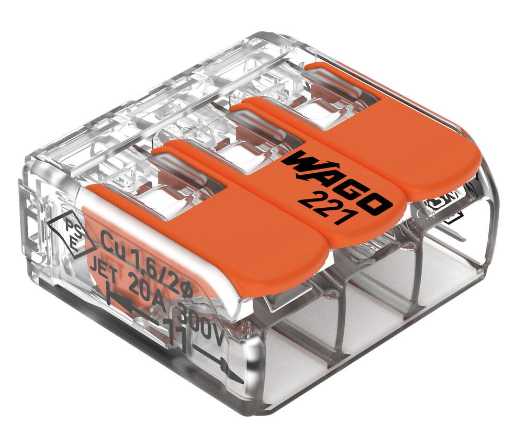 Conector de Empalme marca WAGO Serie 221; Amperaje 32A Cable 4mm Calibre 24-12AWG Polos 3 Conexión push in CAJA 50 PIEZAS