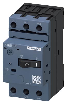 Guardamotor marca Siemens serie SIRIUS 3RV1; Amperaje 5.5 - 8A Polos 3 Tamaño S00. Contacto Aux NO/NC 0.