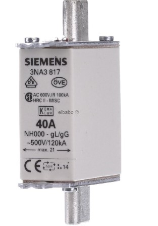 Fusible NH de cuchillas centradas Siemens, NH000, gG, 500V ac, 40A, CSA 22.2, IEC EN 60269, VDE 0636