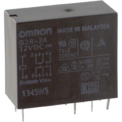 OMRON G2R-24-DC12 POWER RELAY DPDT 12VDC 5A PC BOARD; RELAY TYPE:GENERAL PURPOSE; COIL VOLTAGE VDC NOM:12V; CONTACT CURRENT MAX:5A; CONTACT VOLTAGE AC NOM:250V; CON