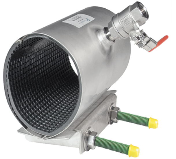 Abrazadera / Collar de perforación para tuberia DN 80 marca CS INSTRUMENTS Serie 0500; Diámetro Tuberia 087 - 097mm Longitud 200mm Incluye válvula de bola 1/2in      