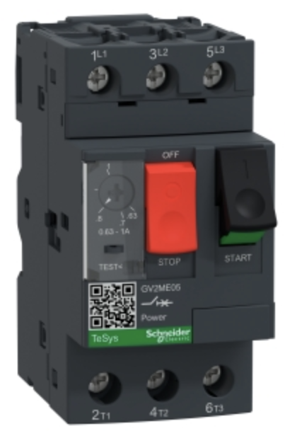 Guardamotor marca SCHNEIDER serie TeSys GV2; Amperaje 0.63 - 1A, Polos 3