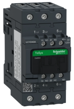 Contactor marca Schneider Electric serie TeSys D; Amperaje 65A Polos 3 Potencia(kW) 18.5kW Potencia(HP) 20HP Potencia(kW) 30kW Potencia(HP) 40HPBobina 110VAC Contacto Aux 1NO+1NC