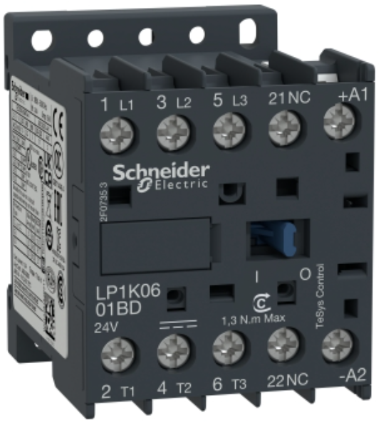 Contactor marca Schneider Electric serie TeSys K; Amperaje 9A Polos 3 Potencia(kW) 4kW Bobina 24VDC Contacto Aux 1NO,NC 0