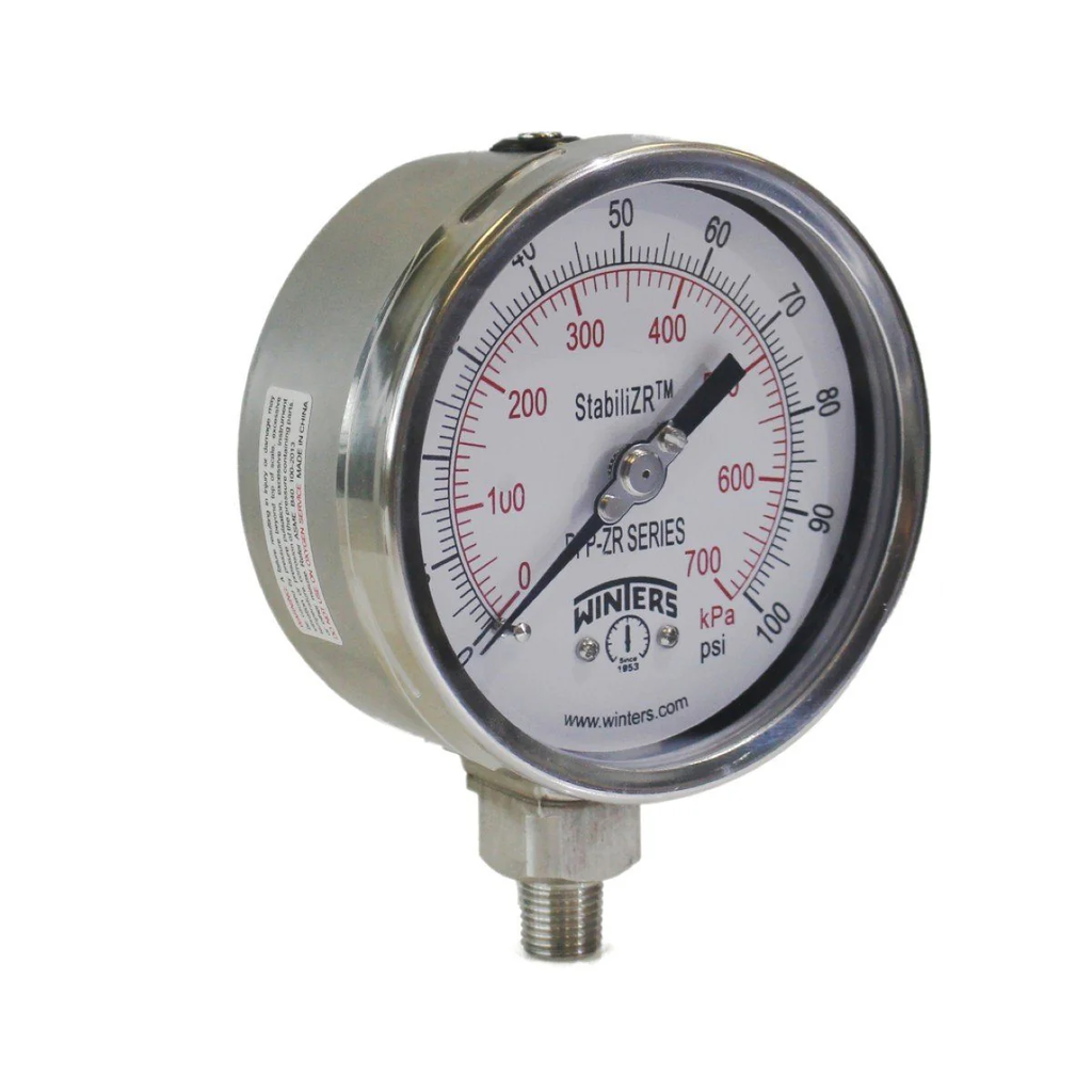 MANÓMETRO marca WINTERS serie PFP 2.5" CARÁTULA, Acero Inoxidable STABILIZR(R) PREMIUM, 0-400 PSI,1/4" Con conexión abajo