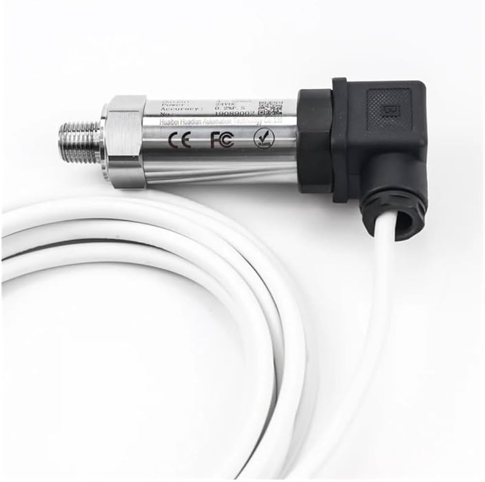 Transmisor de presión con sensor de presión de silicio. Rango: 0-10 bar. Salida: 4-20 mA. Diafragma: 316LSS. Rosca: NPT 1/4". Conector: DIN. Alimentación: 24 V CC. Precisión: 0,5 %. Cable: 2 m.