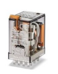 Relé industrial enchufable en zócalo SERIE 55, 4 contactos conmutados, 7A, AgNi, 110V DC, pulsador de prueba + indicador mecánico