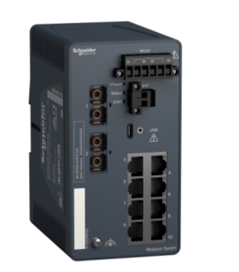 Conmutador de red, Modicon Networking, gestionado, 8 puertos para cobre con 2 puertos para fibra óptica, multimodo.