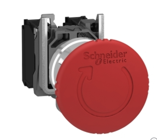 Pulsador de Parada deEmergencia marca Schneider Electric Serie Harmony XB4; Seta 40m, Diámetro 22mm Contactos 2NC, con enclave mecánico, y desenclave por giro