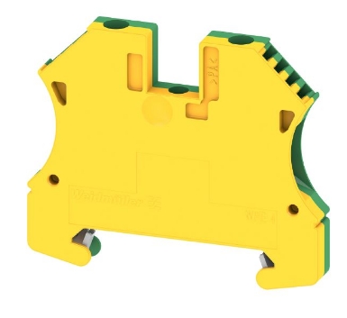 Bornera 4mm² de Tierra marca Weidmuller serie WPE; 1 nivel conexión brida Tornillo Color Verde/Amarillo. WPE 4