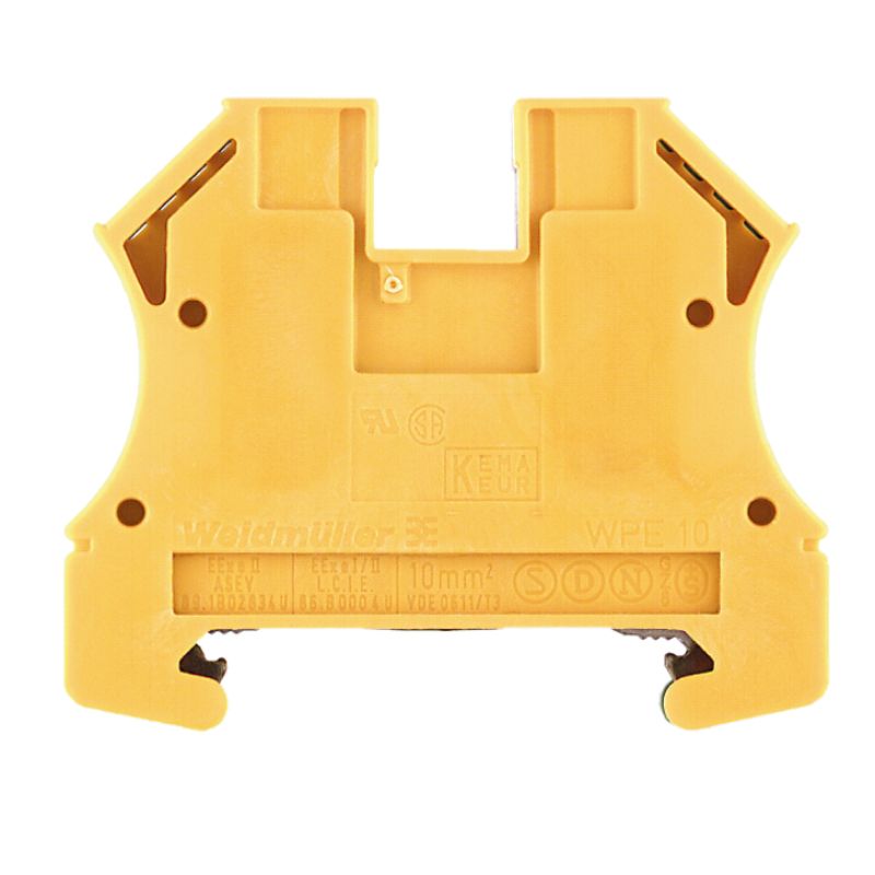Bornera 10mm² de Tierra marca Weidmuller serie WPE; Calibre 16-6AWG. 1 nivel conexión brida Tornillo Color Verde/Amarillo. WPE 10