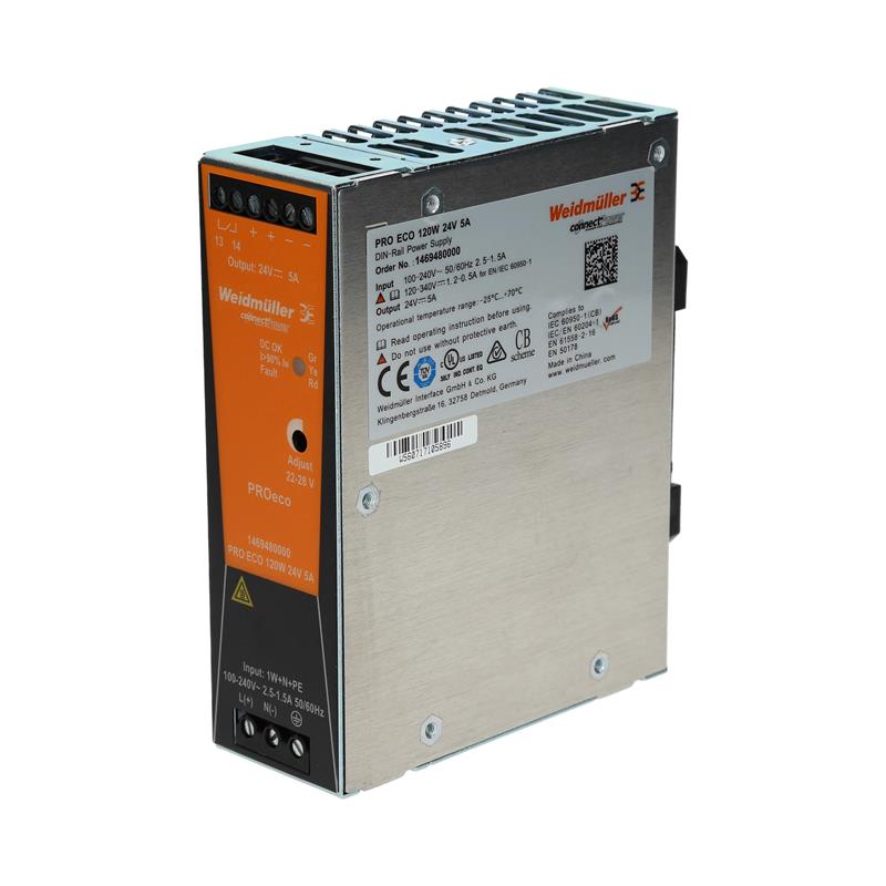 Fuente de Alimentación marca Weidmüller Serie PRO ECO; Amperaje 5A Potencia 120W Voltaje de Salida 24VDC   