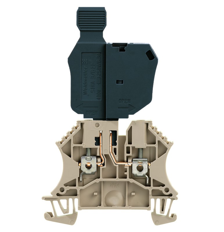 Bornera 2.5mm² Portafusible 5x20 marca Weidmüller Serie WTR 2.5/SI; Amperaje 6.3A Calibre 26-12AWG Nivel 1 Conexión Tornillo, color beige