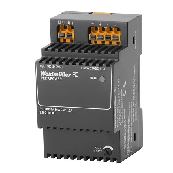 Fuente de Alimentación marca Weidmüller Serie PRO INSTA; Amperaje 1.3A Potencia 30W Voltaje de Salida 24VDC   