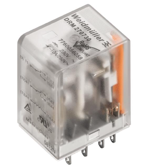 Relé marca Weidmuller serie DRM2; Amperaje 10A, bobina 24VAC, Contactos CO 2