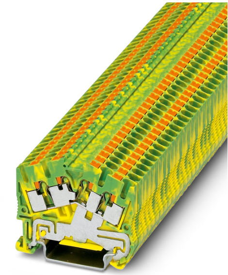 Bornera 4mm² de tierra marca PHOENIX CONTACT Serie PT; calibre 26-12AWG Nivel 1 Conexión push in. PTS 2.5 QUATTRO-PE   