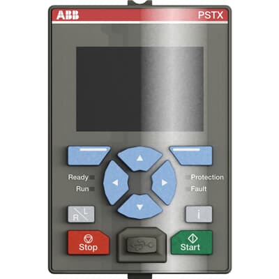 Módulo HMI marca ABB modelo PSDKP-1; módulo de interfaz HMI para arrancadores suaves serie PSTX, incluye teclado/interfaz de operación y conector RJ45 para conexión con el softstarter, utilizado para configuración, monitoreo y control local del equipo, compatible con arrancadores suaves ABB PSTX30…PSTX1250, peso aproximado 0.16 kg, dimensiones aproximadas 74.5 × 54.5 × 114 mm, referencia 1SFA899319R1001.