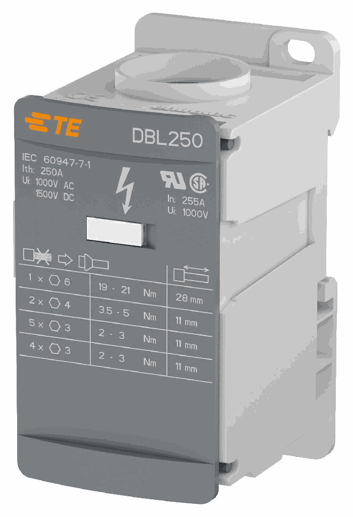 Bloque de Distribución marca ABB Serie DBL; Amperaje 250A Entrada 1X2-3/0AWG, 2X4-14AWG; Salida 5X14-6AWG+4X14-8AWG
