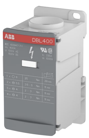Bloque de Distribución marca ABB Serie DBL; Amperaje 400A Entrada 1X3/0-400KCMIL, 2X14-2AWG Salida 5X14-6AWG+4X14-18AWG