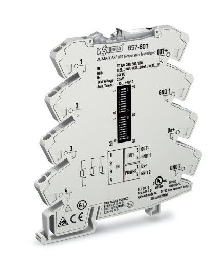 Convertidores de señal de temperatura para sensores RTD; Señal de salida de corriente y tensión; Configuración por software; Tensión de alimentación 24V DC; Ancho de montaje 6mm; gris claro