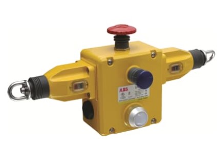 Interruptor de seguridad de parada de emergencia con cable de agarre, 4NC+4NO, entradas por ambos lados del interruptor, hasta 250 m de longitud, carcasa amarilla de fundición a presión, indicador de estado LED, entrada de conducto 3xM20