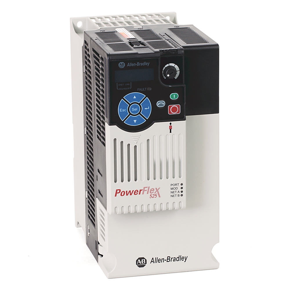 Variador de CA PowerFlex 525, con EtherNet/IP integrado y seguridad, 380...480 VCA, 7,5 kW de servicio pesado, estructura C, IP20 NEMA/tipo abierto, sin filtro.