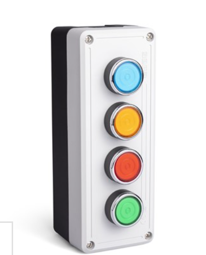 Caja de Mando / Control Pulsadores marca EMAS Serie PY; Material plástico Color gris Orificios 4 Diámetro 22mm   