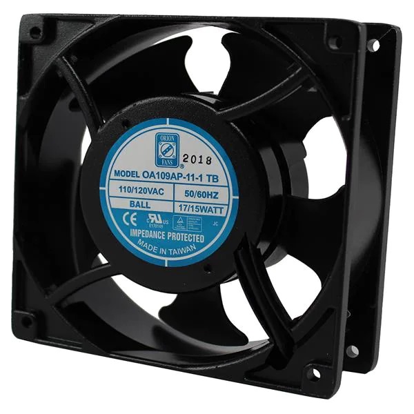 Ventiladores axiales AC Fan, 120x38mm, 115VAC, 110CFM, 15W, 42dBA, 3000RPM, 0.28 Inches Max. Static Pressure, Dual Ball Bearing, Terminals