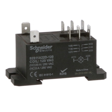 92S11A22D-120 Power relay, SE Relays, DPDT, 30A, 120 VAC, DIN rail and panel mount cover, class F insulation