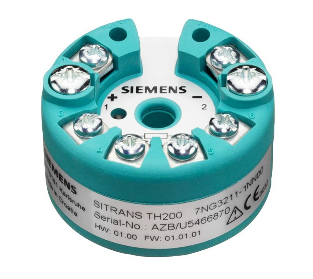 Transmisor de temperatura programable/ montaje en Cabezote forma B marca Siemens Serie SITRANS; Entrada Pt100, Pt1000, Termocupla (J, K, N, S, R) para 2 Hilos Rango  0-100°C Salida 4-20mA            
