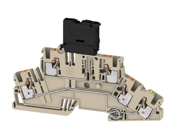 Bornera 4mm² marca Weidmuller, serie A2T 4; portafusible 5x20. niveles 2, con tierra, calibre 24-10AWG, push in