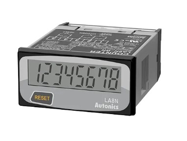 CONTADOR INDICADOR DIGITAL 8 DIGITOS LCD, Rango 99999999,  Velocidad de conteo 20cps, Reset Frontal y Remoto, Señal de entrada 24-240Vac / 6-240 Vdc, Alimentacion  Bateria Interna 3VDC,  W48 x H24mm