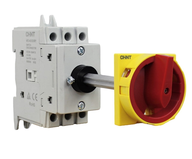 Seccionador marca CHINT, 40A, polos 3 Color Rojo/Amarillo manilla externa