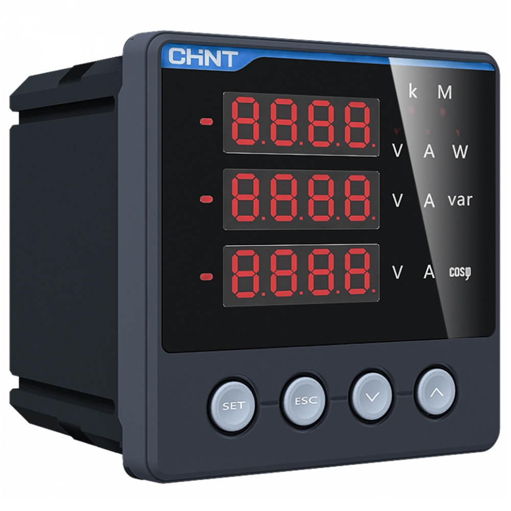 Medidor Digital de corriente trifásica, voltaje, potencia, marca CHINT; 3 Fases x 450VAC/5A 110 - 230VAC/DC 96x96mm