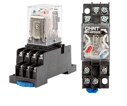 Relé de Control c/base Marca Chint Serie JZX; Bobina 24VDC Contactos CO 3