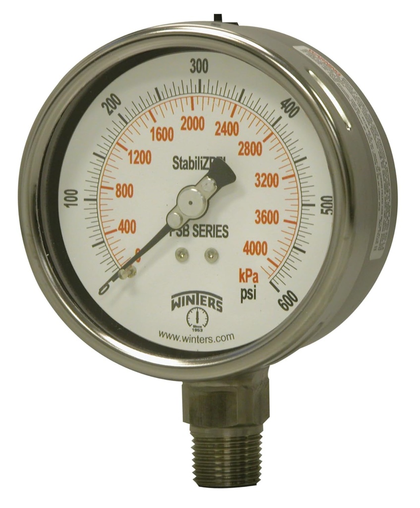 MANÓMETRO marca WINTERS serie PFP Acero Inoxidable CARÁTULA 4" 0-100 PSI 1/2" NPT Con conexión abajo Con sistema STABILIZR(R)
