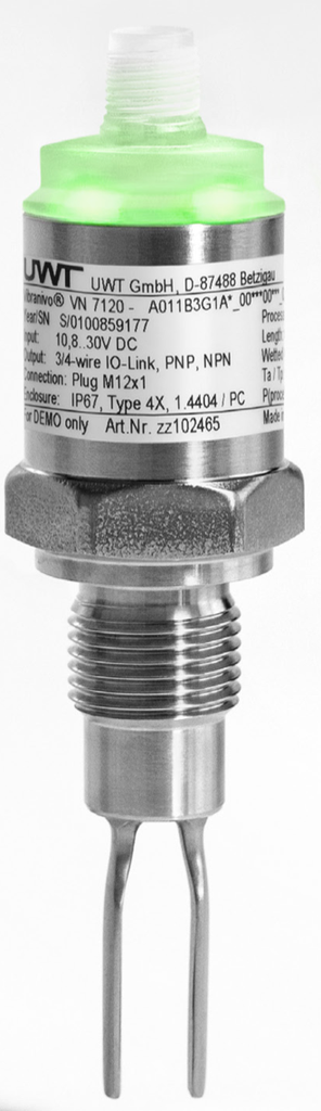 Interruptores de nivel para liquidos serie Vibranivo® diseño ultracompacto VN 7 de 64mm, CE/UKCA, con, Tproceso máx. 150 °C (302 °F), carcasa Ø35 mm 1.4404 (316 L), tapa PC, IP67, tipo 4X, conector M12, IO-Link de 3/4 cables, PNP, NPN, Push/Pull (certificado IO-Link no aún disponible), Rosca NPT 1/2", Acero inoxidable 1.4404 (316L), Ra<3.2um