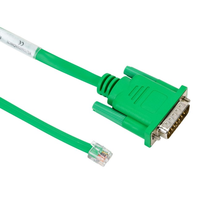 AutomationDirect communication cable, 15-pin male D-sub to 6-pin RJ12, shielded, 9.8ft/3m cable length. For use with C-more or C-more Micro panel and AutomationDirect PLCs with RJ12 ports.